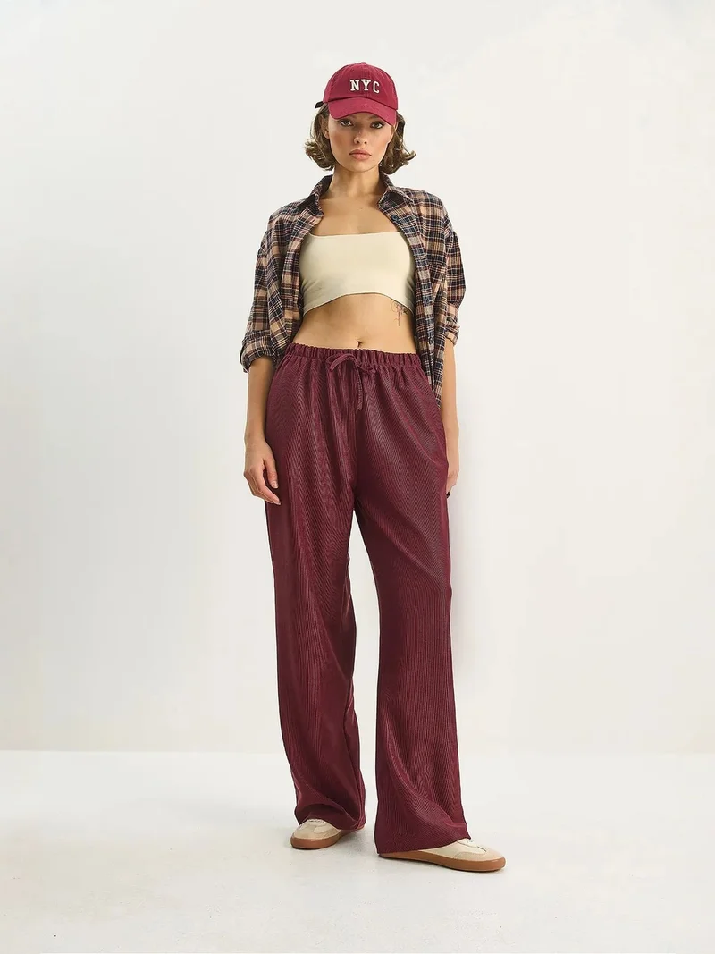 Bianco Lucci Burgundy Red LUCCI High Waist Wide Leg Pants for Women | Best Price UAE